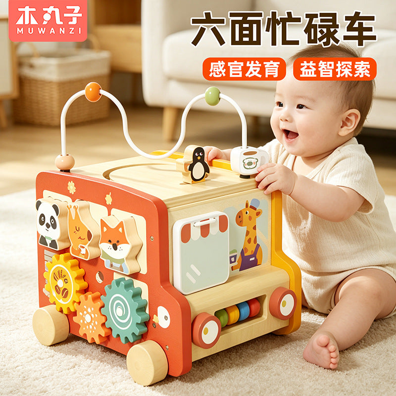 Kids wooden early education puzzle car matching multifunctional pentahedron stroller montessori all-in-one busy car toy
