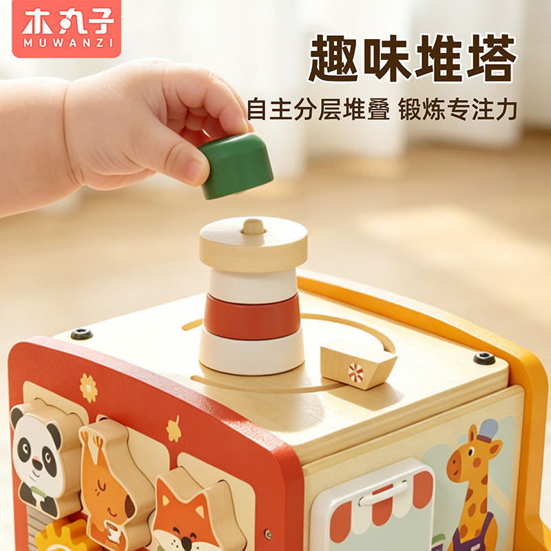 Kids wooden early education puzzle car matching multifunctional pentahedron stroller montessori all-in-one busy car toy…