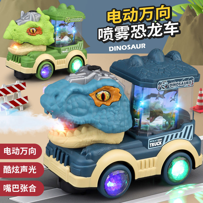 Cross-border electric universal rotating spray toy Tyrannosaurus locomotive electric sounding light children's toy car…