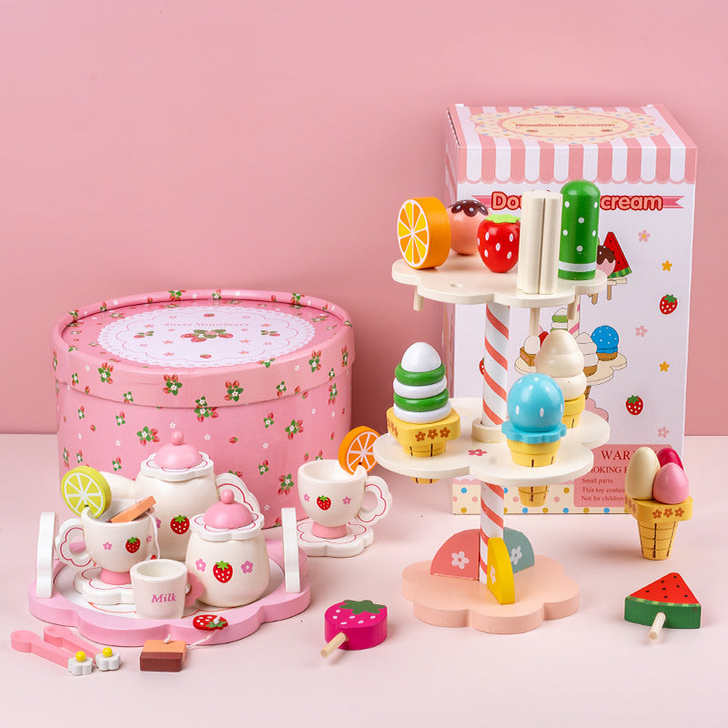 Girl's new year birthday gift simulation cake children's wooden cutting play house kitchen little Princess toy - Tea set +…