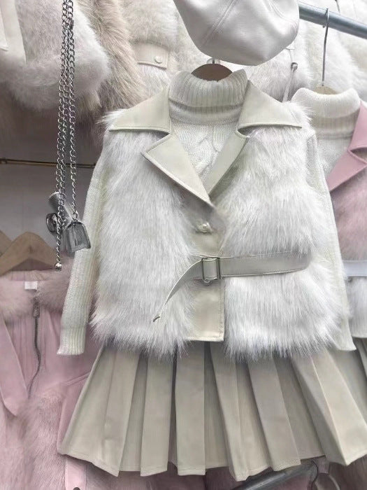 Girls' Autumn and Winter Fur Vest Three-Piece Set 2025 New Kidsren's Korean Style Baby Fur Vest + Leather Skirt - image 2