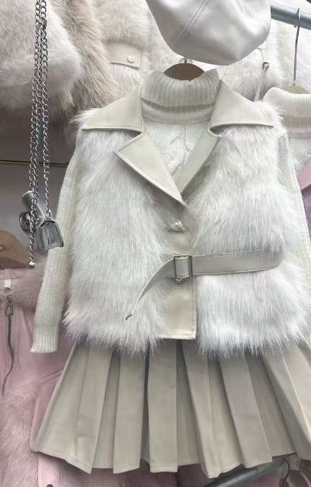 Girls' Autumn and Winter Fur Vest Three-Piece Set 2025 New Kidsren's Korean Style Baby Fur Vest + Leather Skirt - White /…