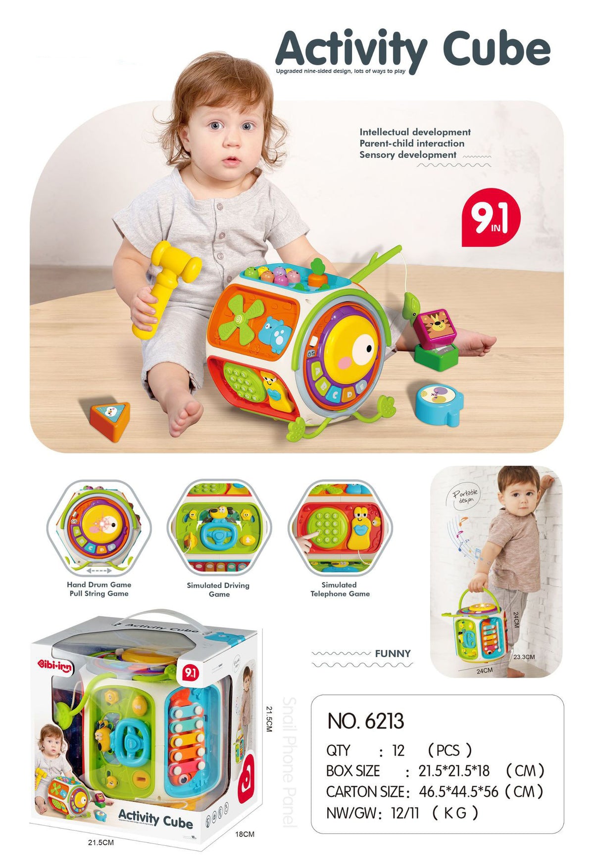 Cross-border Infant Polyhedron Hand-clapped Drum Baby Music Clap Drum Nine-sided Body Early Education Puzzle Toys for 0-3…