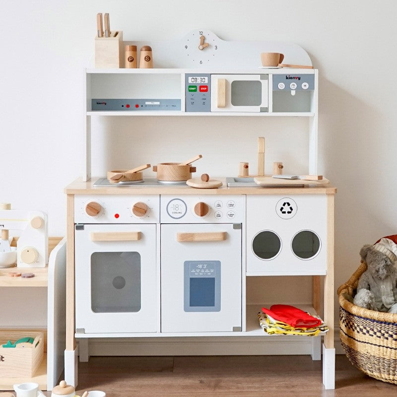 Danish Children's Pretend Play Kitchen Cooking Toy Set with Realistic Sound and Light, Refrigerator, and Wooden Stove…