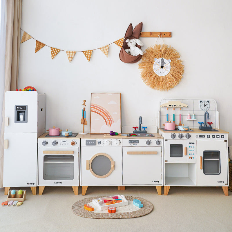 Danish Children's Pretend Play Kitchen Cooking Toy Set with Realistic Sound and Light, Refrigerator, and Wooden Stove