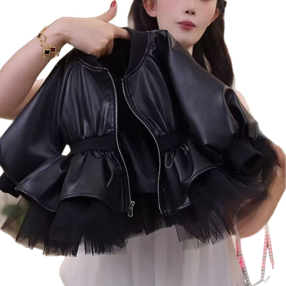 New autumn girls' tops, stylish black gauze Korean-style sweet jacket, PU leather coat, spring and autumn zippered…