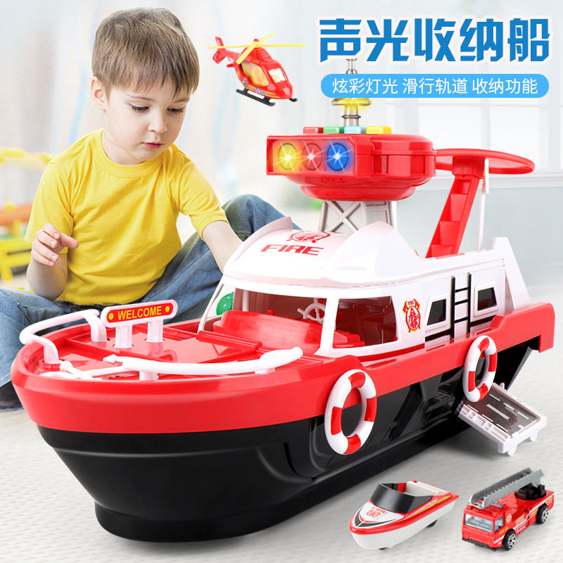 New Children's Large Inertia Storage Boat with Light Music Boys and Girls Baby Fire Police Car Toy Model