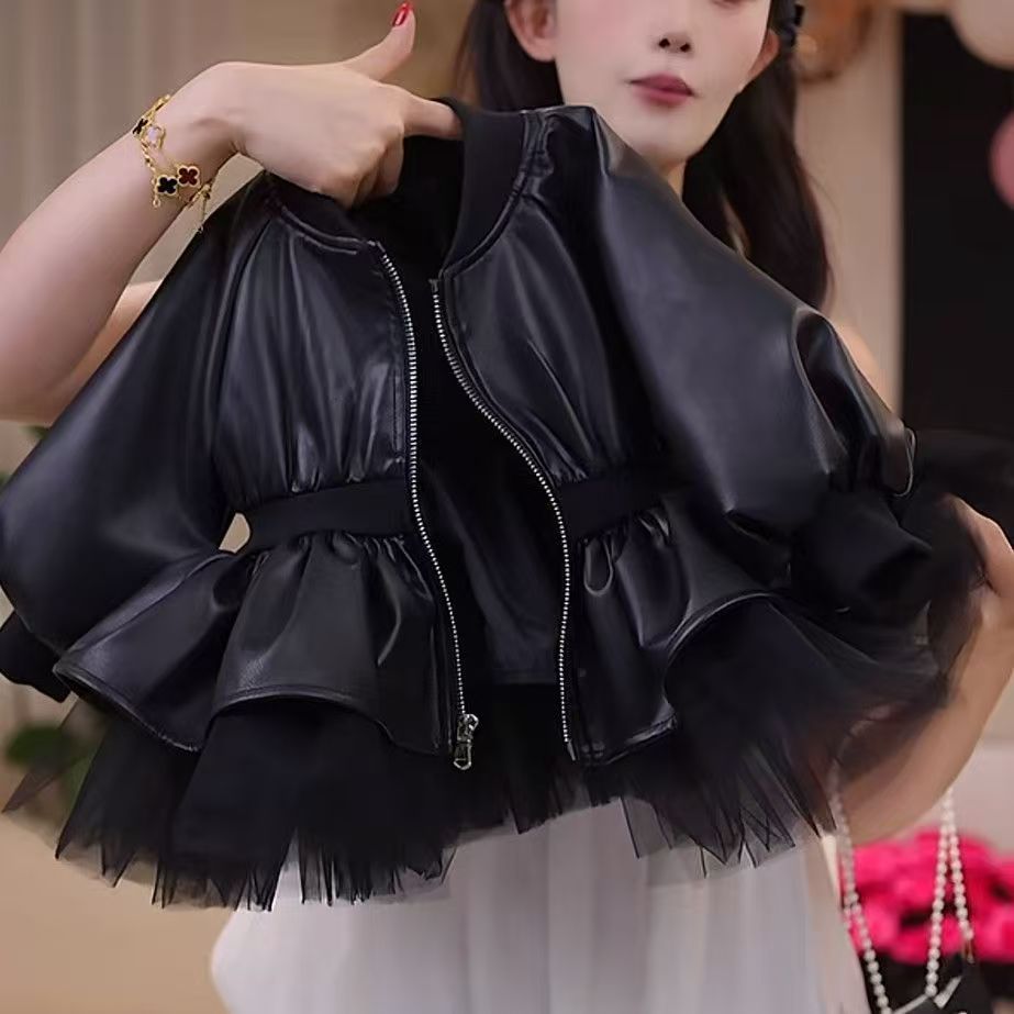 New autumn girls' tops, stylish black gauze Korean-style sweet jacket, PU leather coat, spring and autumn zippered…