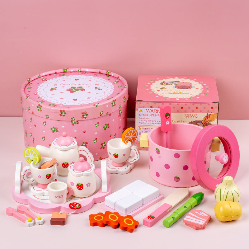 Girl's new year birthday gift simulation cake children's wooden cutting play house kitchen little Princess toy - Tea set +…