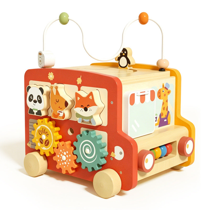 Kids wooden early education puzzle car matching multifunctional pentahedron stroller montessori all-in-one busy car toy…