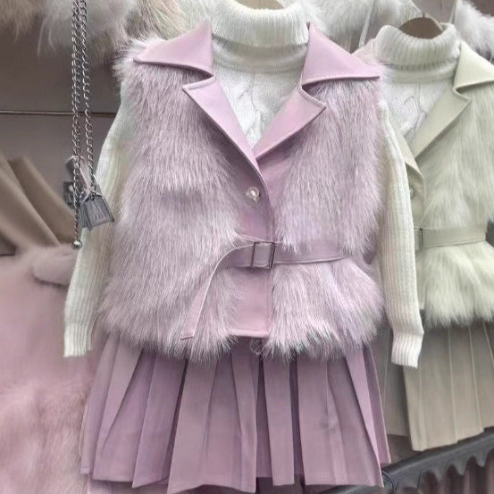 Girls' Autumn and Winter Fur Vest Three-Piece Set 2025 New Kidsren's Korean Style Baby Fur Vest + Leather Skirt - image 7