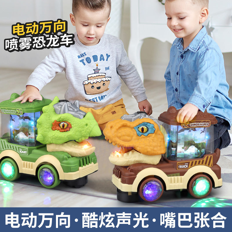 Cross-border electric universal rotating spray toy Tyrannosaurus locomotive electric sounding light children's toy car…
