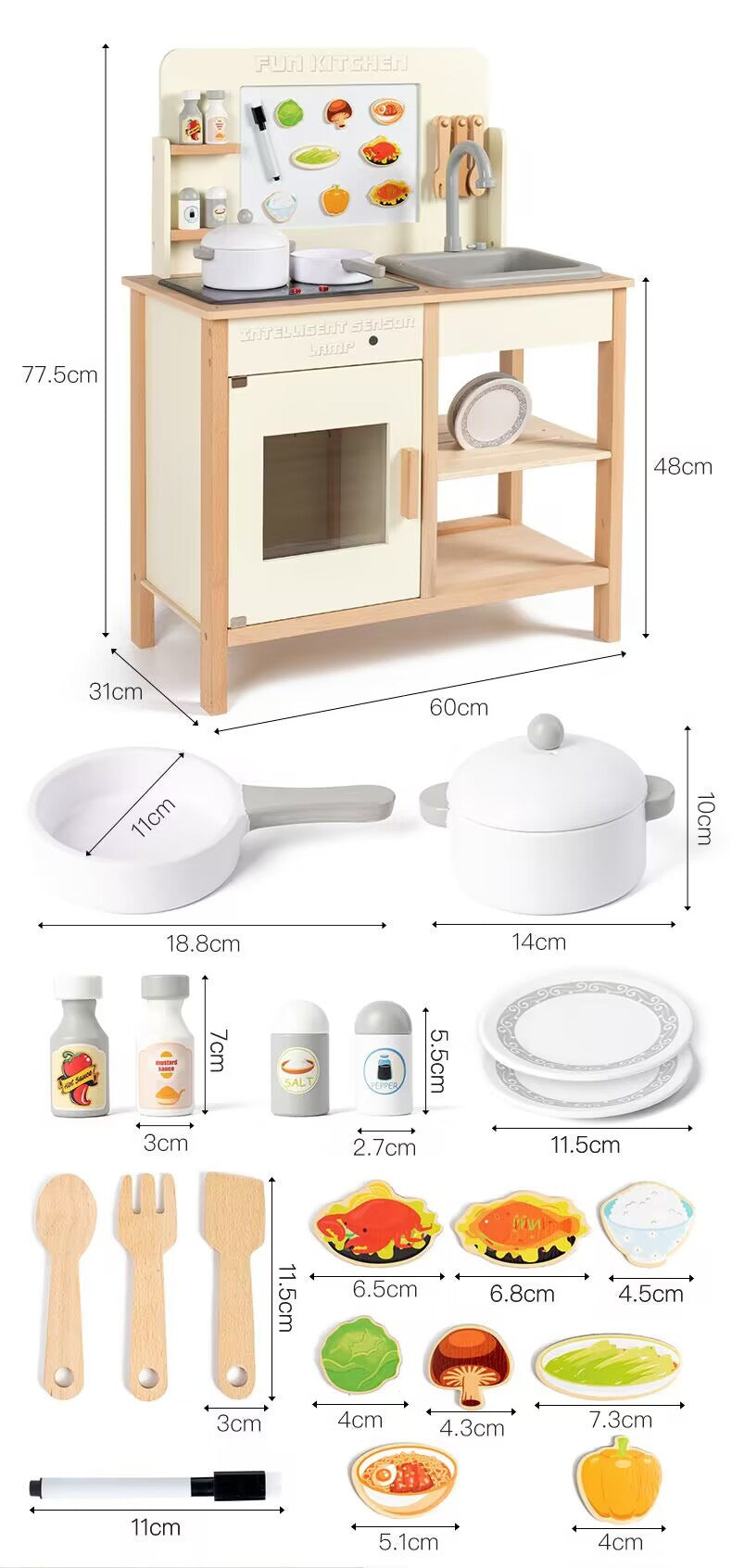 Danish Children's Pretend Play Kitchen Cooking Toy Set with Realistic Sound and Light, Refrigerator, and Wooden Stove - Fun…