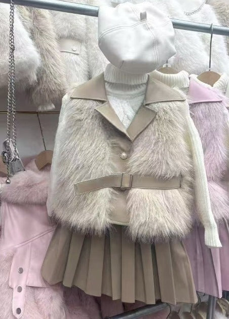 Girls' Autumn and Winter Fur Vest Three-Piece Set 2025 New Kidsren's Korean Style Baby Fur Vest + Leather Skirt - Camel /…