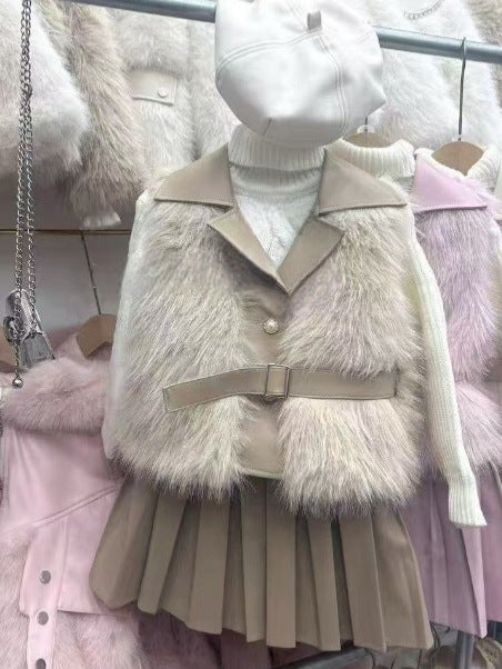 Girls' Autumn and Winter Fur Vest Three-Piece Set 2025 New Kidsren's Korean Style Baby Fur Vest + Leather Skirt - image 3