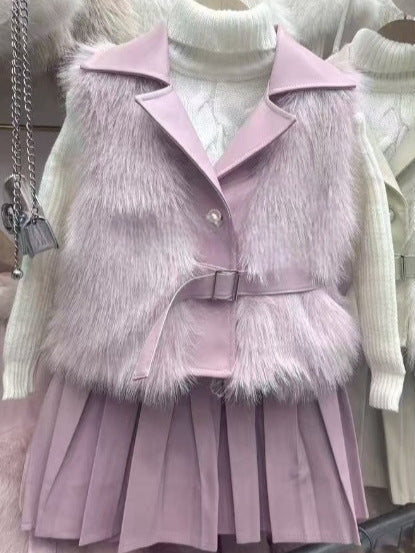 Girls' Autumn and Winter Fur Vest Three-Piece Set 2025 New Kidsren's Korean Style Baby Fur Vest + Leather Skirt