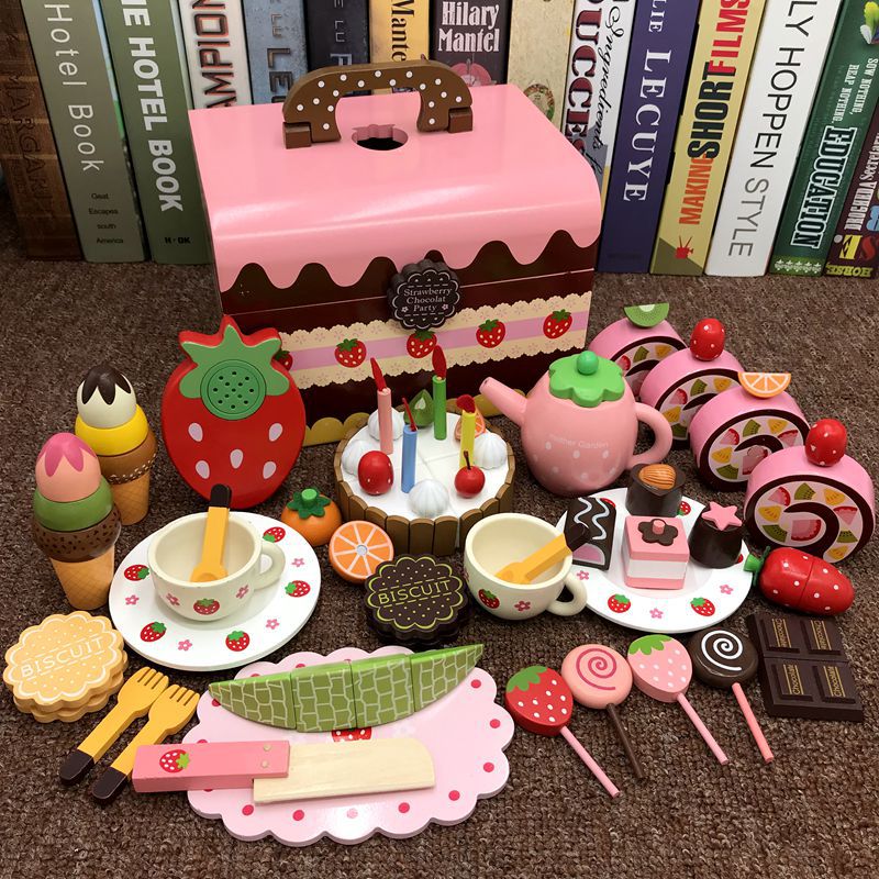 Girl's new year birthday gift simulation cake children's wooden cutting play house kitchen little Princess toy - Cake (with…