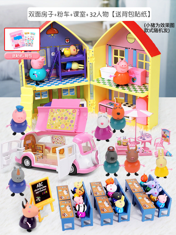 Peppa Pig Toy Play House Double-Sided House Educational Doll for Girls Boys Children's Day Gift - Double-sided house + pink…