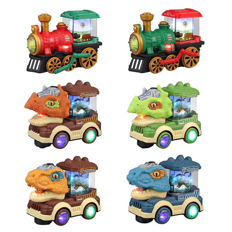 Cross-border electric universal rotating spray toy Tyrannosaurus locomotive electric sounding light children's toy car…