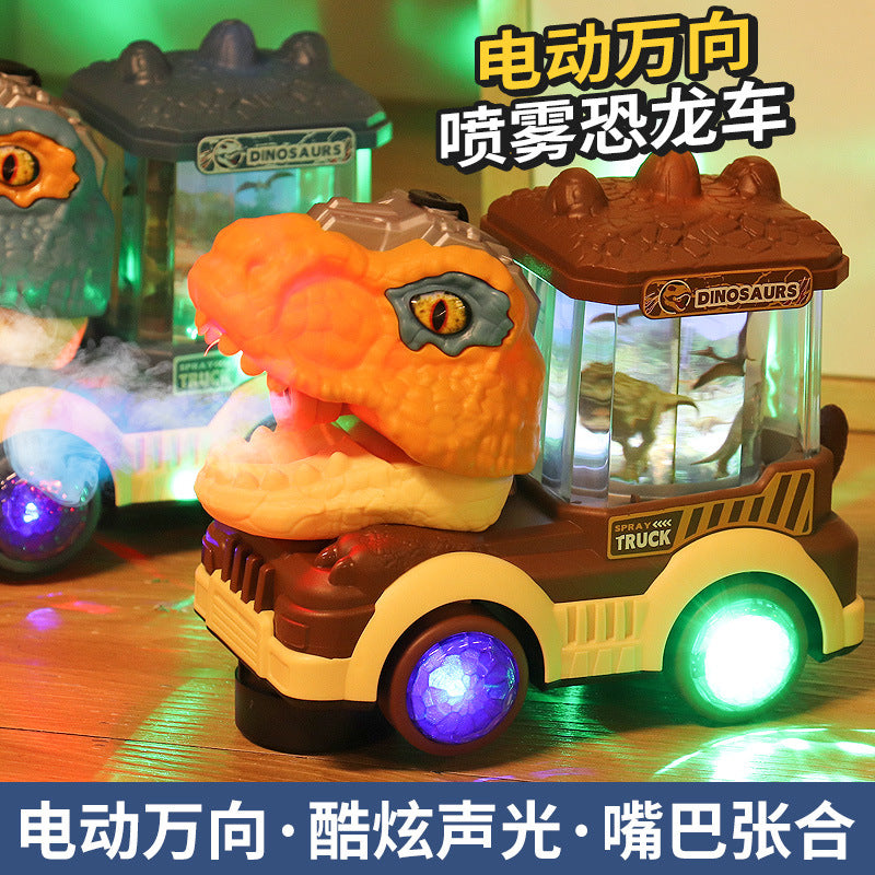 Cross-border electric universal rotating spray toy Tyrannosaurus locomotive electric sounding light children's toy car…