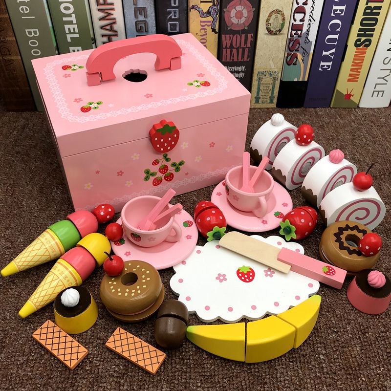 Girl's new year birthday gift simulation cake children's wooden cutting play house kitchen little Princess toy - Pink cake…
