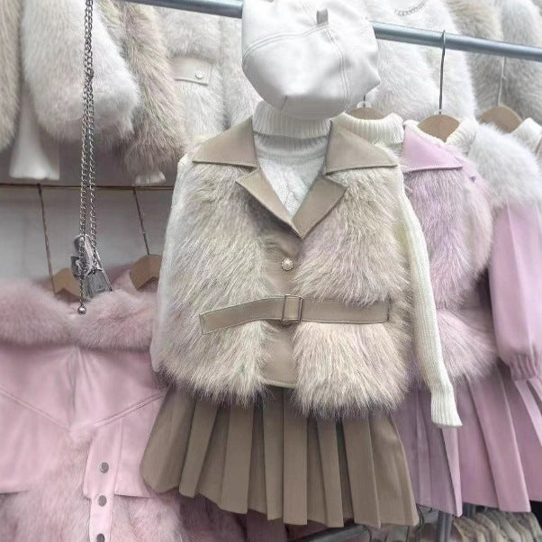 Girls' Autumn and Winter Fur Vest Three-Piece Set 2025 New Kidsren's Korean Style Baby Fur Vest + Leather Skirt - image 8