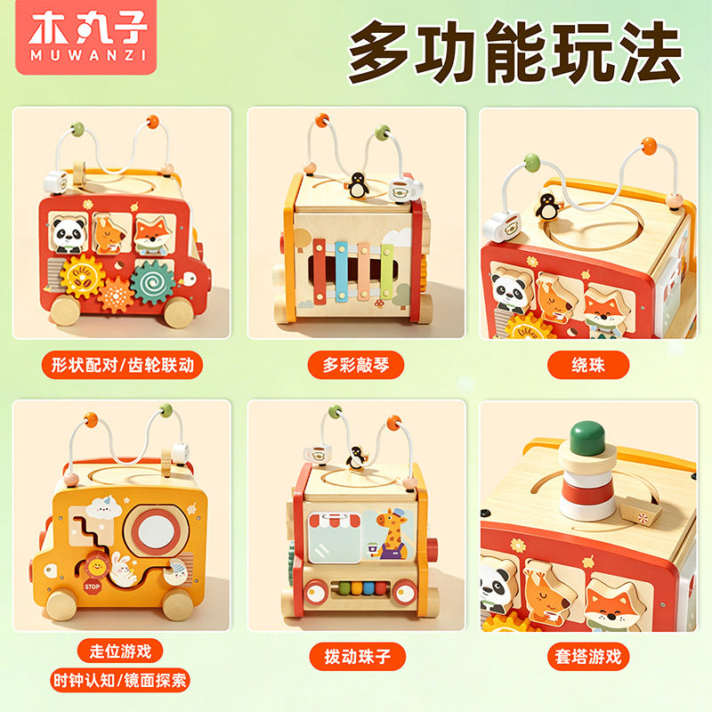 Kids wooden early education puzzle car matching multifunctional pentahedron stroller montessori all-in-one busy car toy…