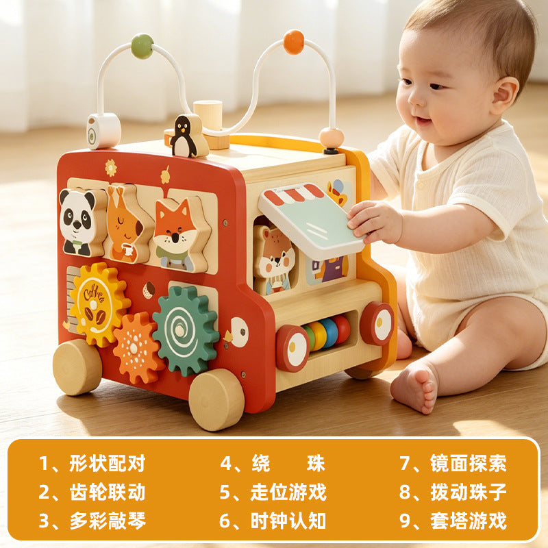 Kids wooden early education puzzle car matching multifunctional pentahedron stroller montessori all-in-one busy car toy…