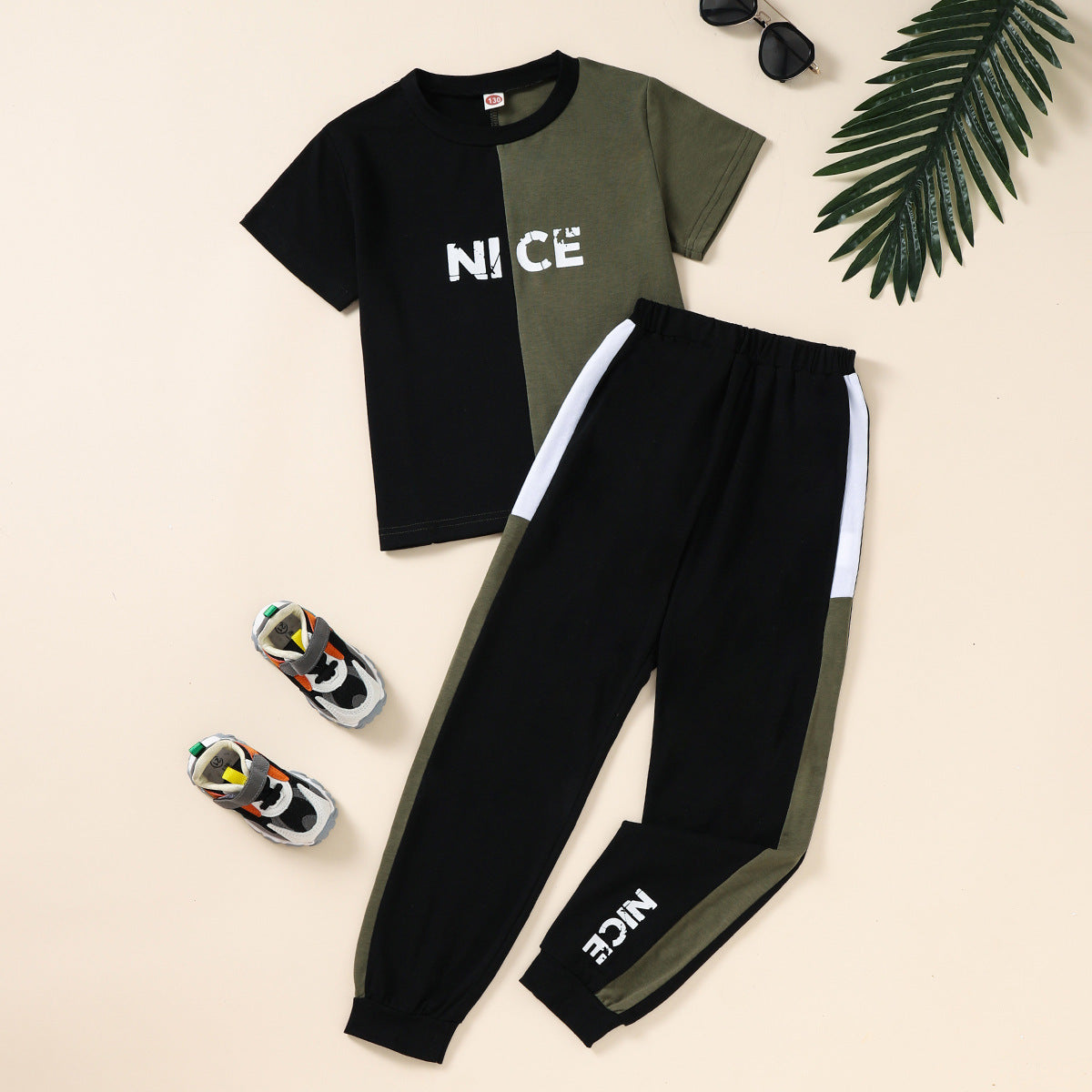 Boys Color Matching - Boys' Color Matching Printed Short Sleeve Polyester Top And Trousers Sports Suit - Boys Summer & Party