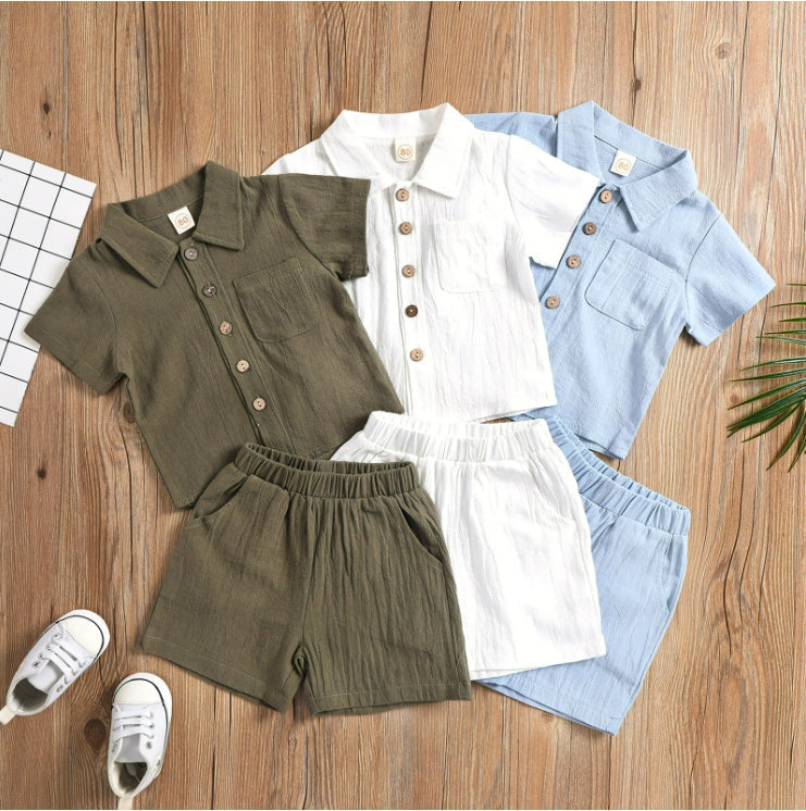 Cotton And Linen Short-sleeved Lapel Polo Shirt Solid Color Boys' Two-piece Suit - Boys Summer & Party Dresses - Baby's World