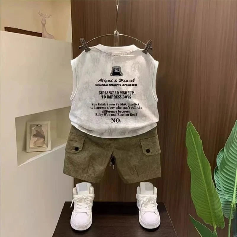 Children Boutique Summer Outfits 2025 New Boys Sleeveless Hat Letter T-Shirt And Pocket Shorts 2pcs Fashion Set Kid Sport