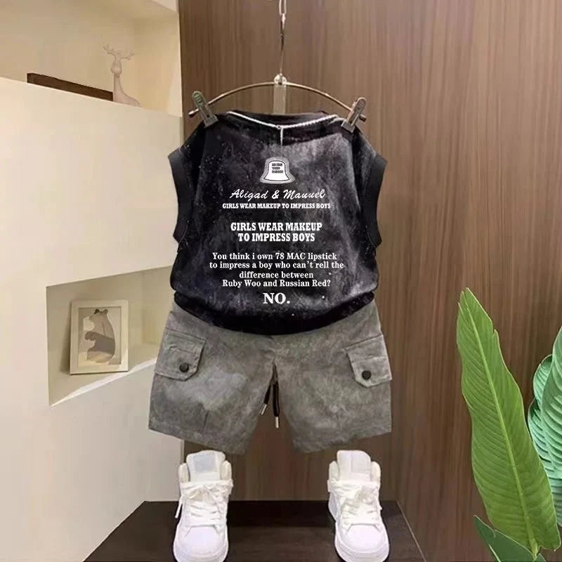 Children Boutique Summer Outfits 2025 New Boys Sleeveless Hat Letter T-Shirt And Pocket Shorts 2pcs Fashion Set Kid Sport