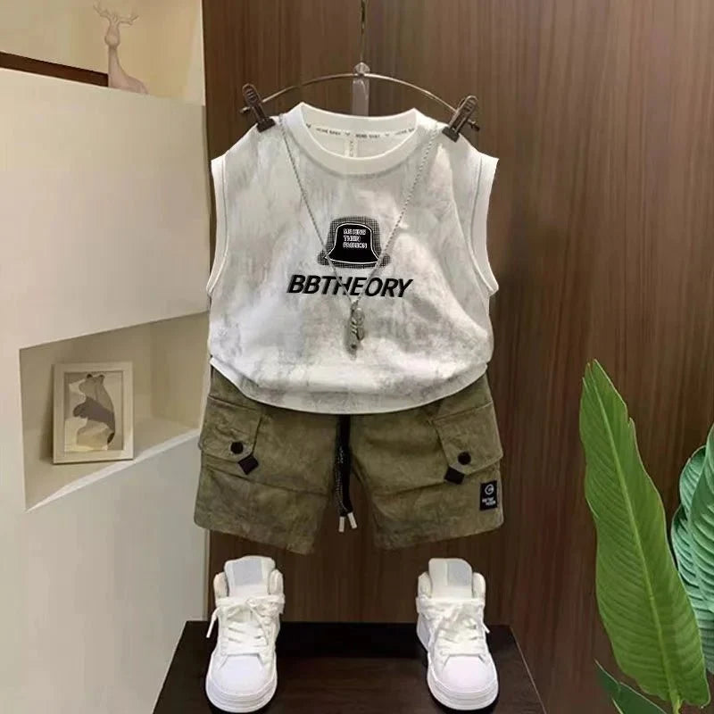 Children Boutique Summer Outfits 2025 New Boys Sleeveless Hat Letter T-Shirt And Pocket Shorts 2pcs Fashion Set Kid Sport