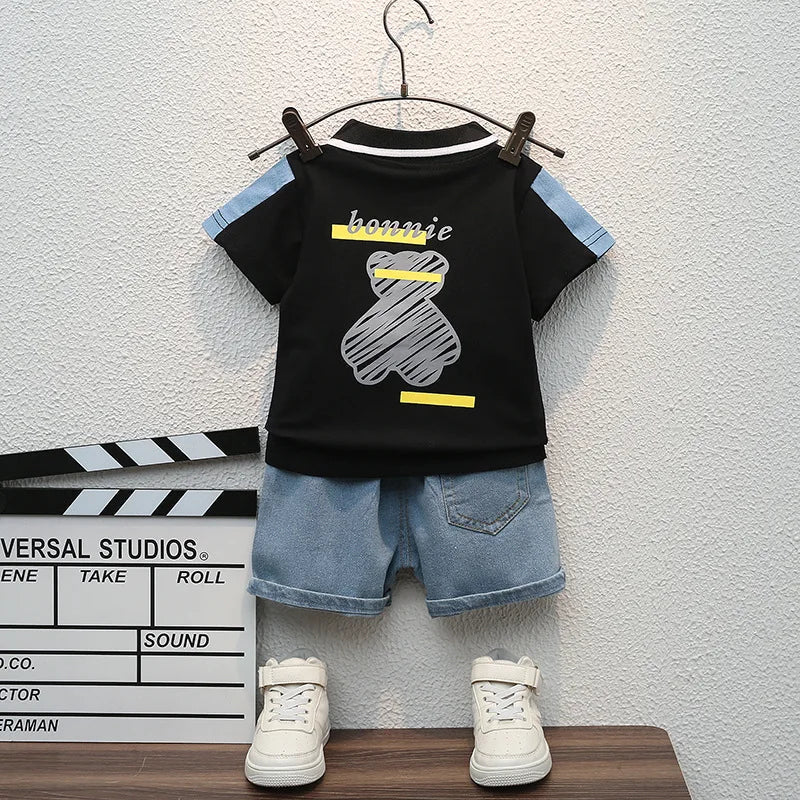 Children Summer Fashion Baby Boys Clothes Cartoon Bear T-shirt Denim Shorts 2pcs/sets Kids Outfits Costume Casual Sports