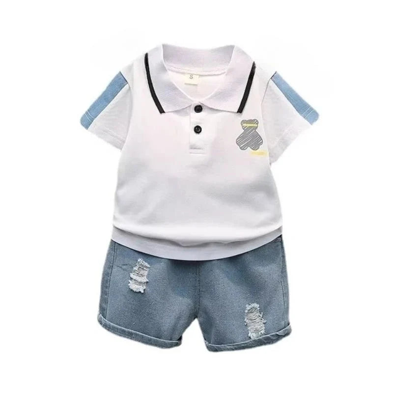 Children Summer Fashion Baby Boys Clothes Cartoon Bear T-shirt Denim Shorts 2pcs/sets Kids Outfits Costume Casual Sports
