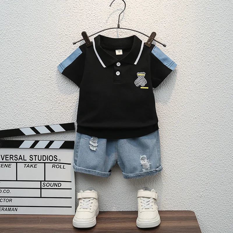 Children Summer Fashion Baby Boys Clothes Cartoon Bear T-shirt Denim Shorts 2pcs/sets Kids Outfits Costume Casual Sports