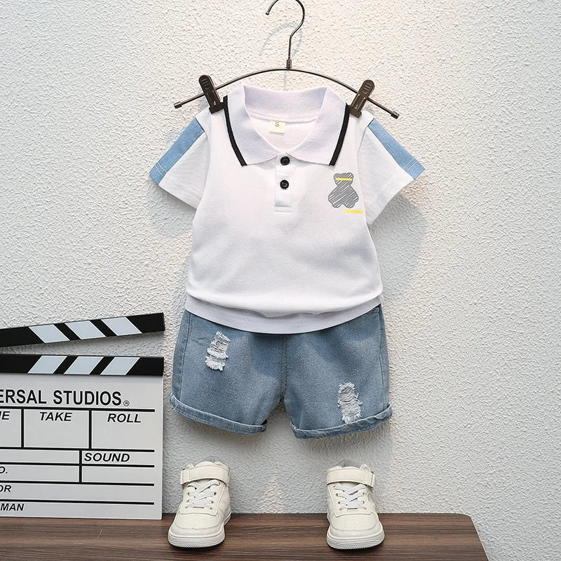 Children Summer Fashion Baby Boys Clothes Cartoon Bear T-shirt Denim Shorts 2pcs/sets Kids Outfits Costume Casual Sports