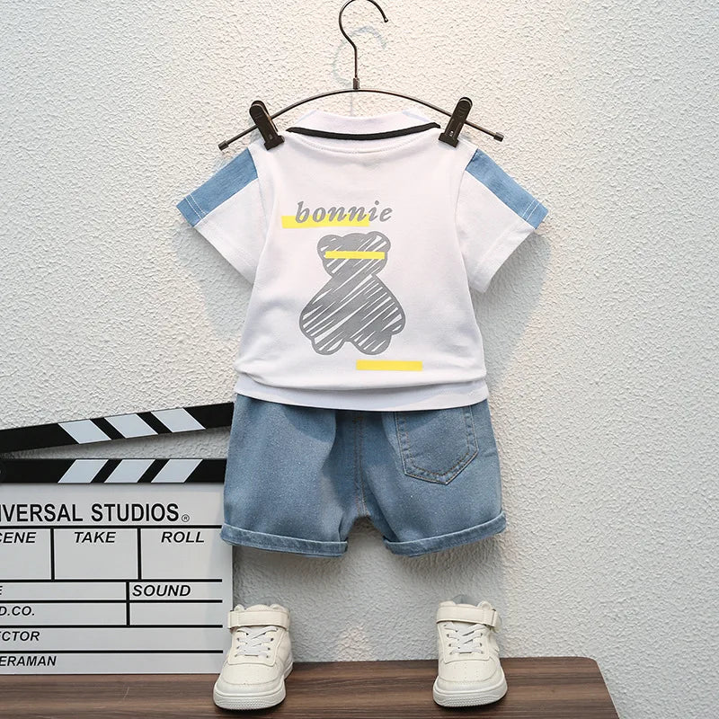 Children Summer Fashion Baby Boys Clothes Cartoon Bear T-shirt Denim Shorts 2pcs/sets Kids Outfits Costume Casual Sports