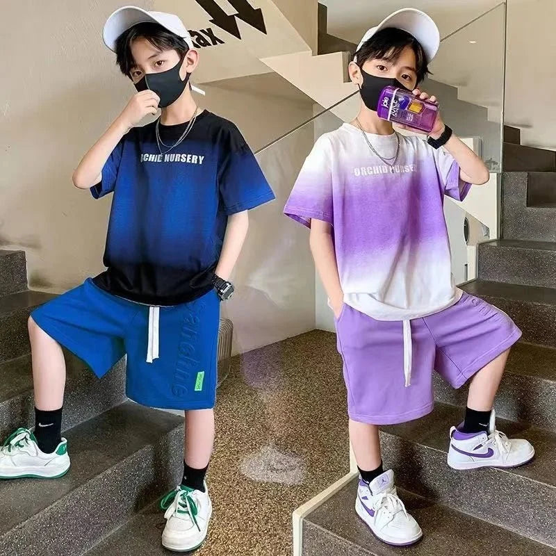 Children Boy Clothes - Children's Boy Clothes Set Summer Gradient Letter T-shirts and Shorts Suit Teenage Short Sleeve Top