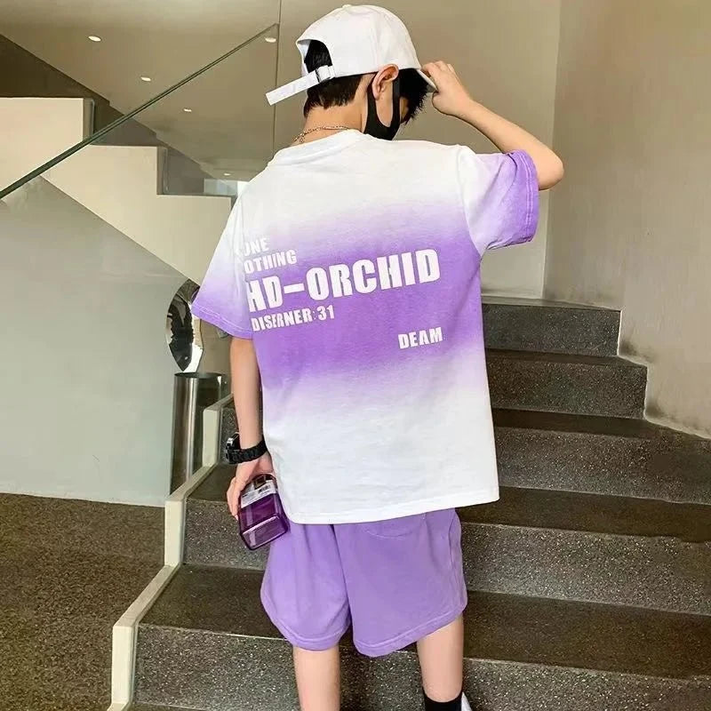 Children Boy Clothes - Children's Boy Clothes Set Summer Gradient Letter T-shirts and Shorts Suit Teenage Short Sleeve Top