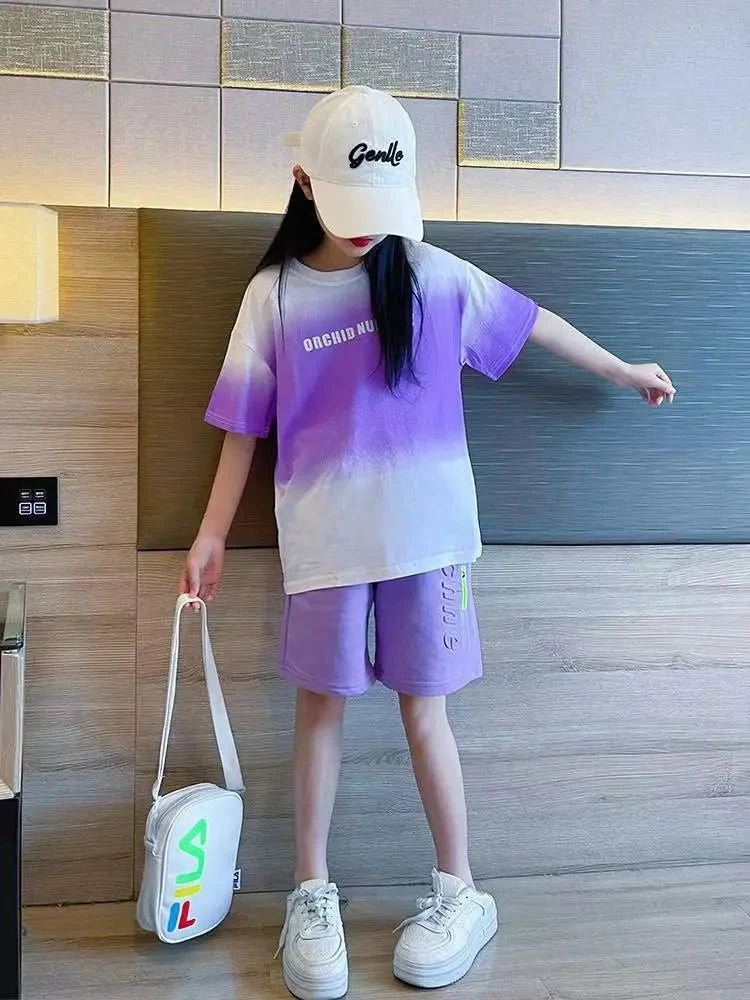 Children Boy Clothes - Children's Boy Clothes Set Summer Gradient Letter T-shirts and Shorts Suit Teenage Short Sleeve Top