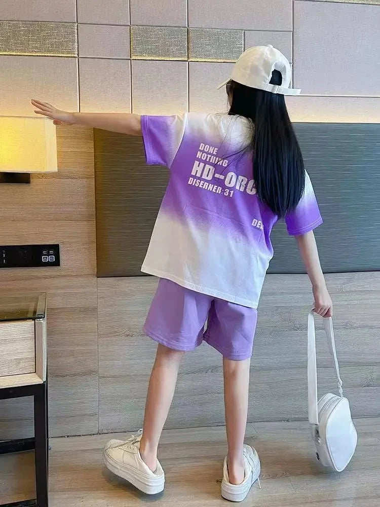 Children Boy Clothes - Children's Boy Clothes Set Summer Gradient Letter T-shirts and Shorts Suit Teenage Short Sleeve Top