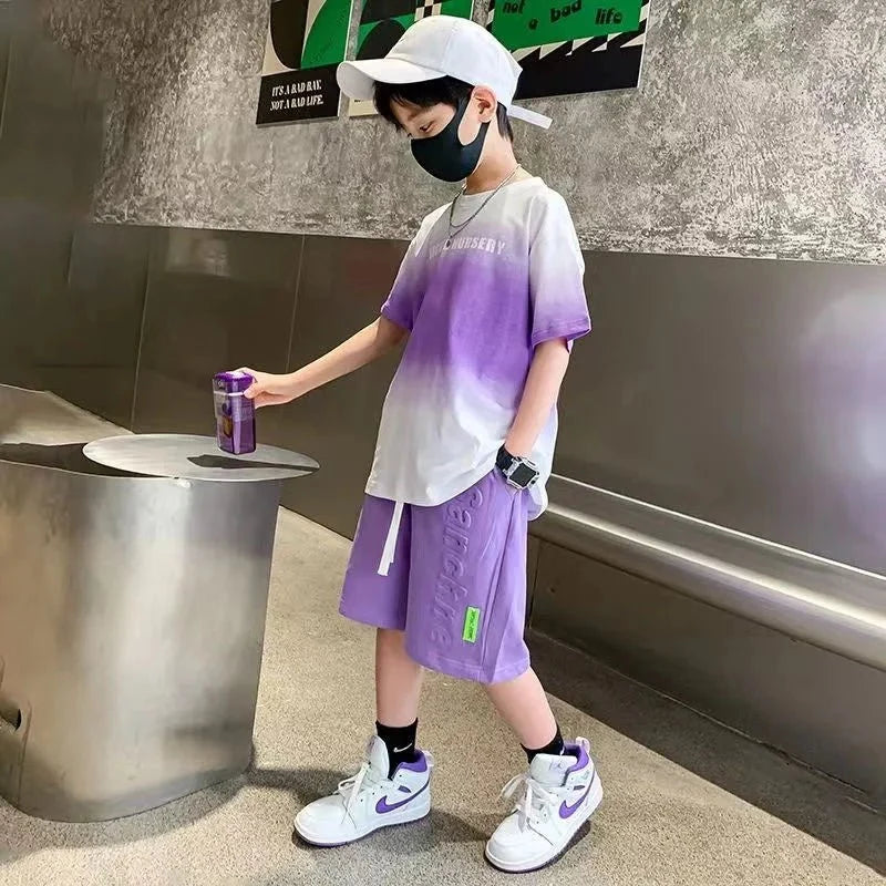 Children Boy Clothes - Children's Boy Clothes Set Summer Gradient Letter T-shirts and Shorts Suit Teenage Short Sleeve Top