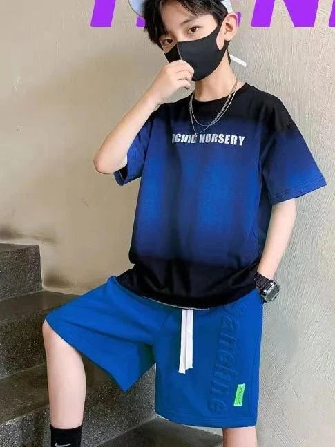 Children Boy Clothes - Children's Boy Clothes Set Summer Gradient Letter T-shirts and Shorts Suit Teenage Short Sleeve Top