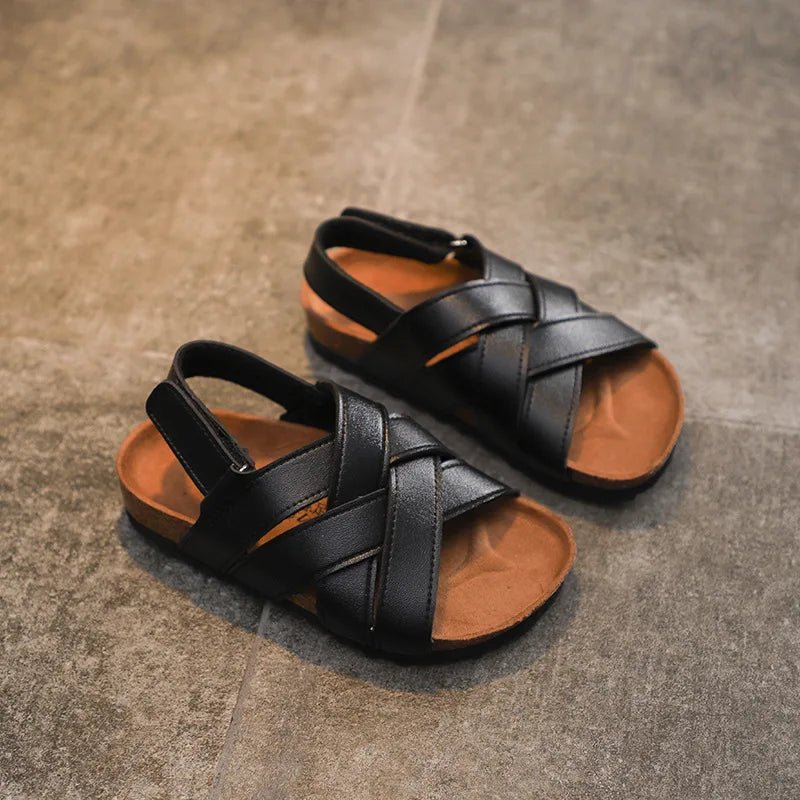 Children's Summer PU Open Toe Sandals For Boy Girl Roman Cork Sandals Outdoor Non Slip Soft Leather Beach Shoes For Kids Fashion (Size 33, Black)) - BaBy's World