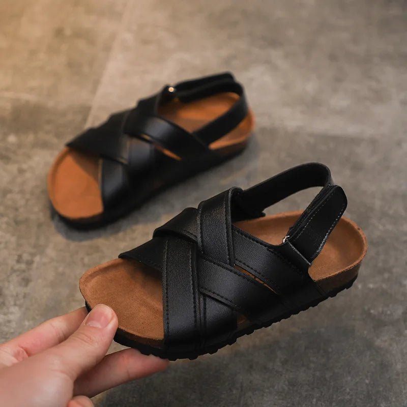 Children's Summer PU Open Toe Sandals For Boy Girl Roman Cork Sandals Outdoor Non Slip Soft Leather Beach Shoes For Kids Fashion (Size 33, Black)) - BaBy's World