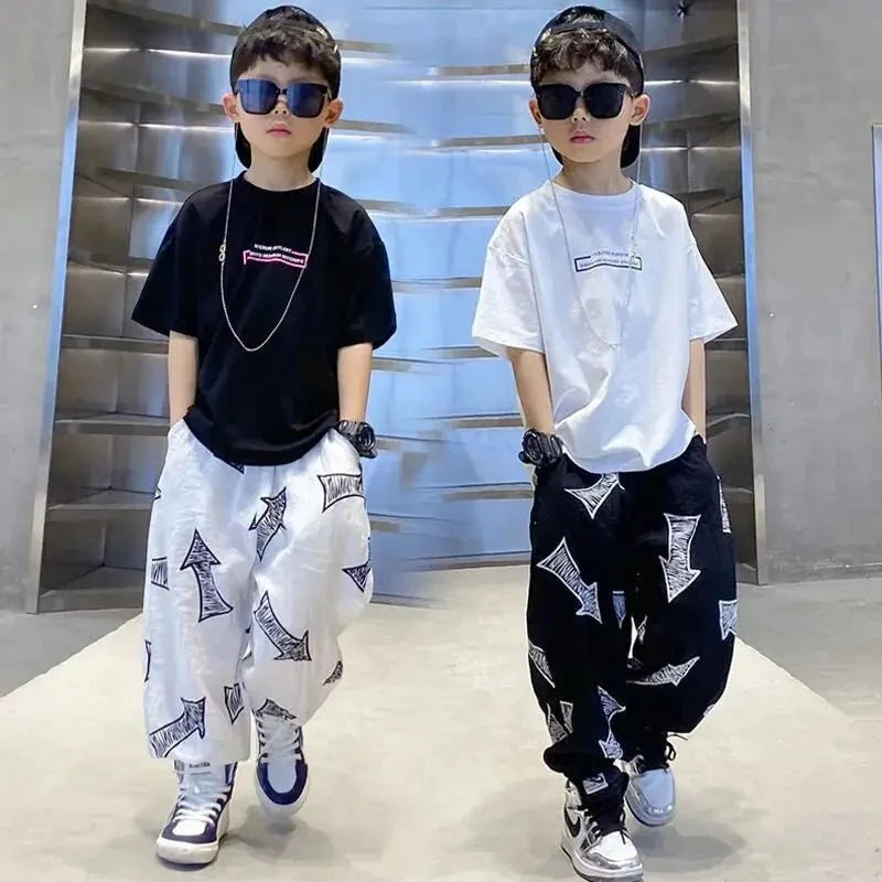 Children Summer Set - Children's Summer Set Korean Version Boy Hip Hop Loose Short Sleeve T-shirt Casual Mosquito Pants