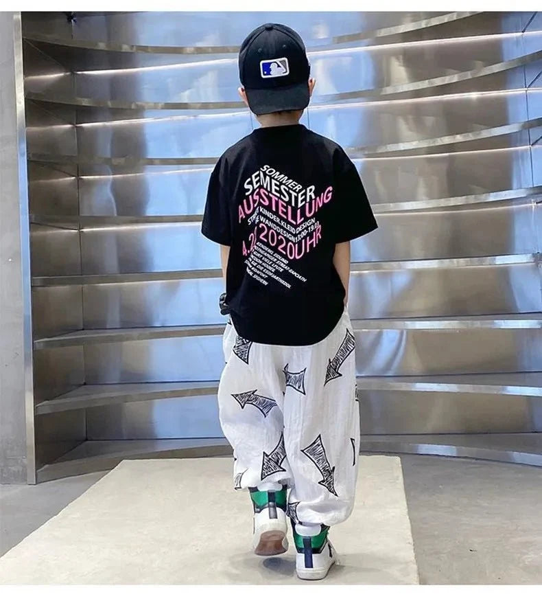 Children Summer Set - Children's Summer Set Korean Version Boy Hip Hop Loose Short Sleeve T-shirt Casual Mosquito Pants