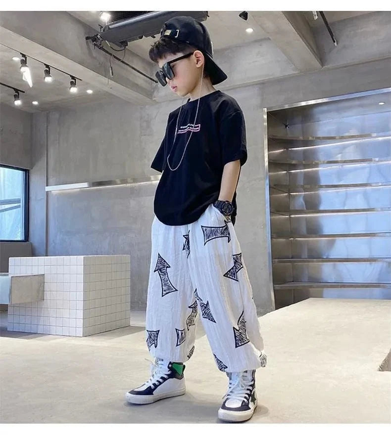 Children Summer Set - Children's Summer Set Korean Version Boy Hip Hop Loose Short Sleeve T-shirt Casual Mosquito Pants