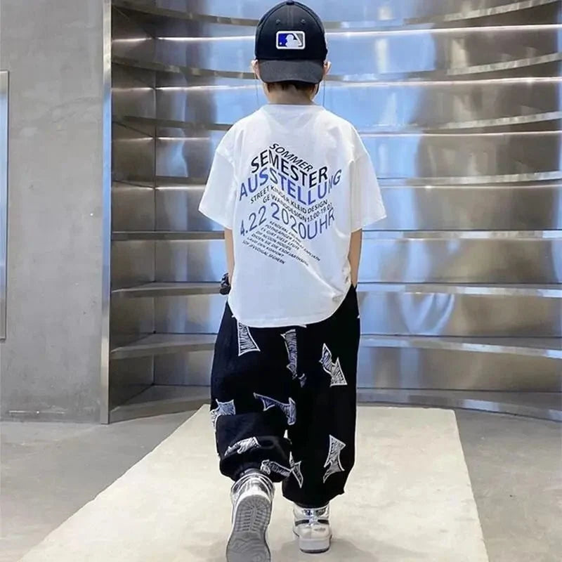 Children Summer Set - Children's Summer Set Korean Version Boy Hip Hop Loose Short Sleeve T-shirt Casual Mosquito Pants